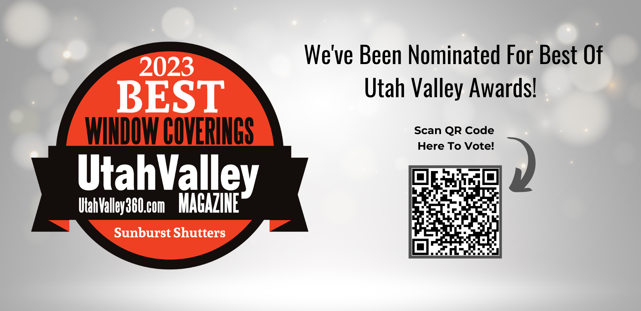 Promo banner for 2023 best window coverings of Utah badge nomination and vote for us QR code