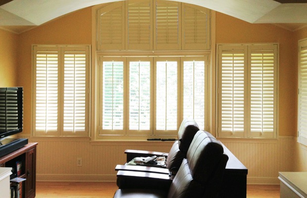 Salt Lake City plantation shutters in tv room