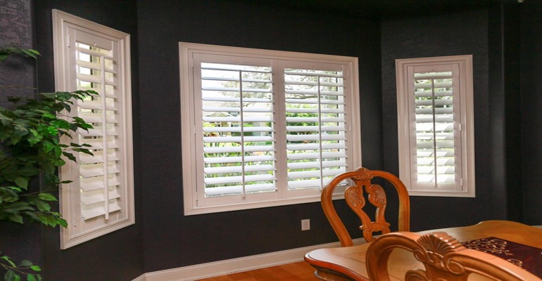 Beautiful Polywood Plantation Shutters In Dining Room With Dark Paint